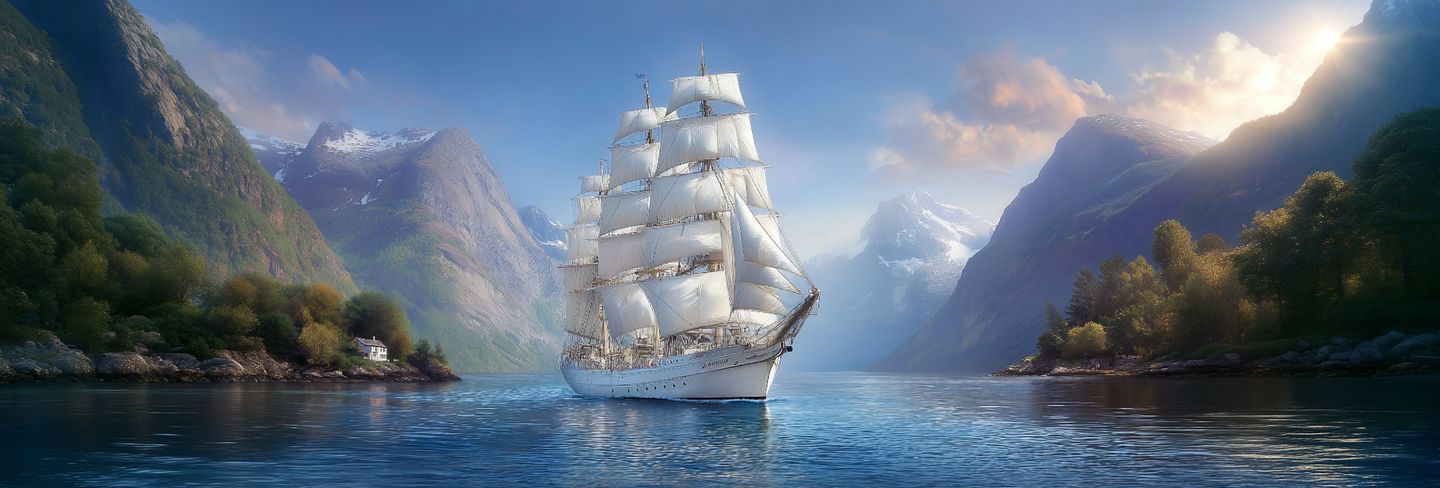 Stimmungsvolle Illustration der Sonnenkuss zwischen hohen Fjordbergen