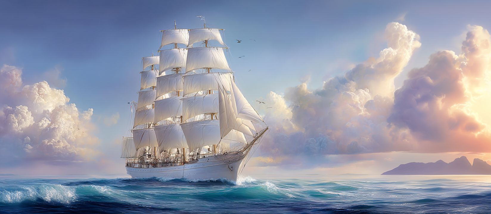 Die Sonnenkuss unter vollen Segeln auf dem offenen Meer im warmen Abendlicht
