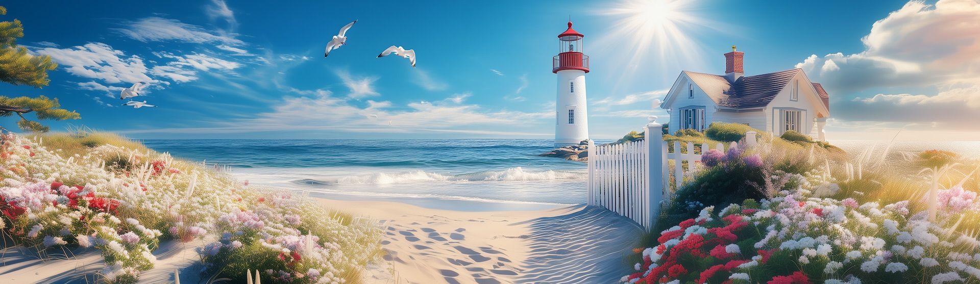 Sonnenlicht über der Ostsee, blühende Rosen und ein kleines Haus am Meer