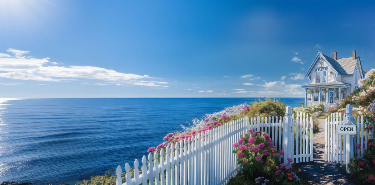 Die Villa Strandbrise, ein weißes Haus am Meer zwischen blühenden Rosen